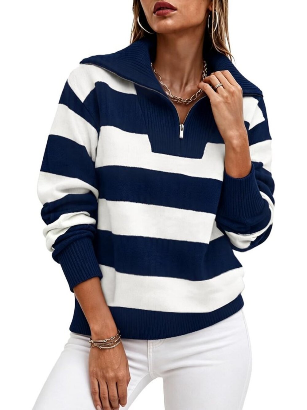 Cozy Oversized Striped Quarter Zip Sweater | Casual Knit Pullover for Women